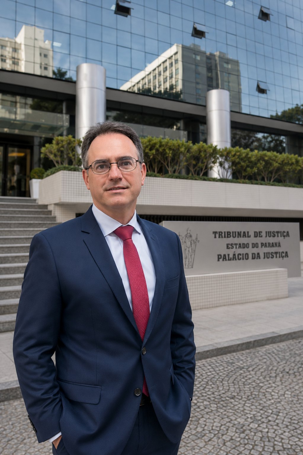 Desembargador Marcel Guimarães Rotoli de Macedo em frente ao Palácio da Justiça